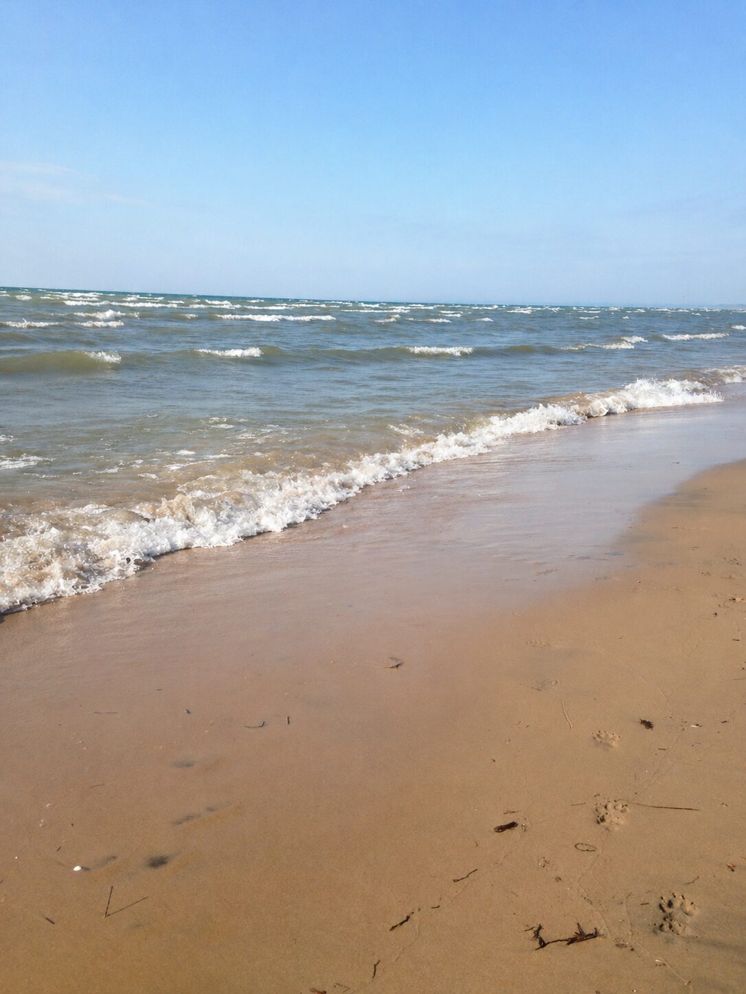 Waves rolling onto the soft sand of Wasaga Beach with Georgian Bay stretching to the horizon.
